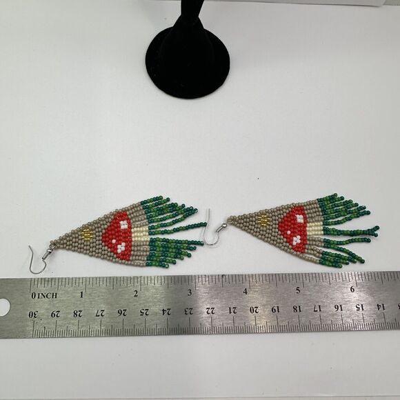 Mushroom Beaded Earrings Fringe Dangle Statement Earrings Boho Hippie‎ Style - Picture 6 of 6